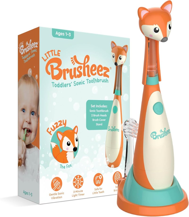Brusheez Little Toddlers’ Sonic Toothbrush - Safe & Gentle Toothbrush for Ages 1-3 with Built-in, Light-Up 2-Minute Timer, Extra Brush Head, & Storage Base for First-Time Brushers (Fuzzy The Fox) - Image 1